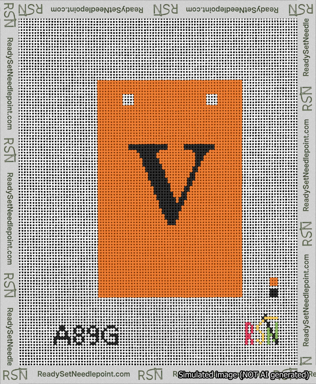 A taped needlepoint canvas with the design: Banner 13 mesh count Squared V Black on Orange.