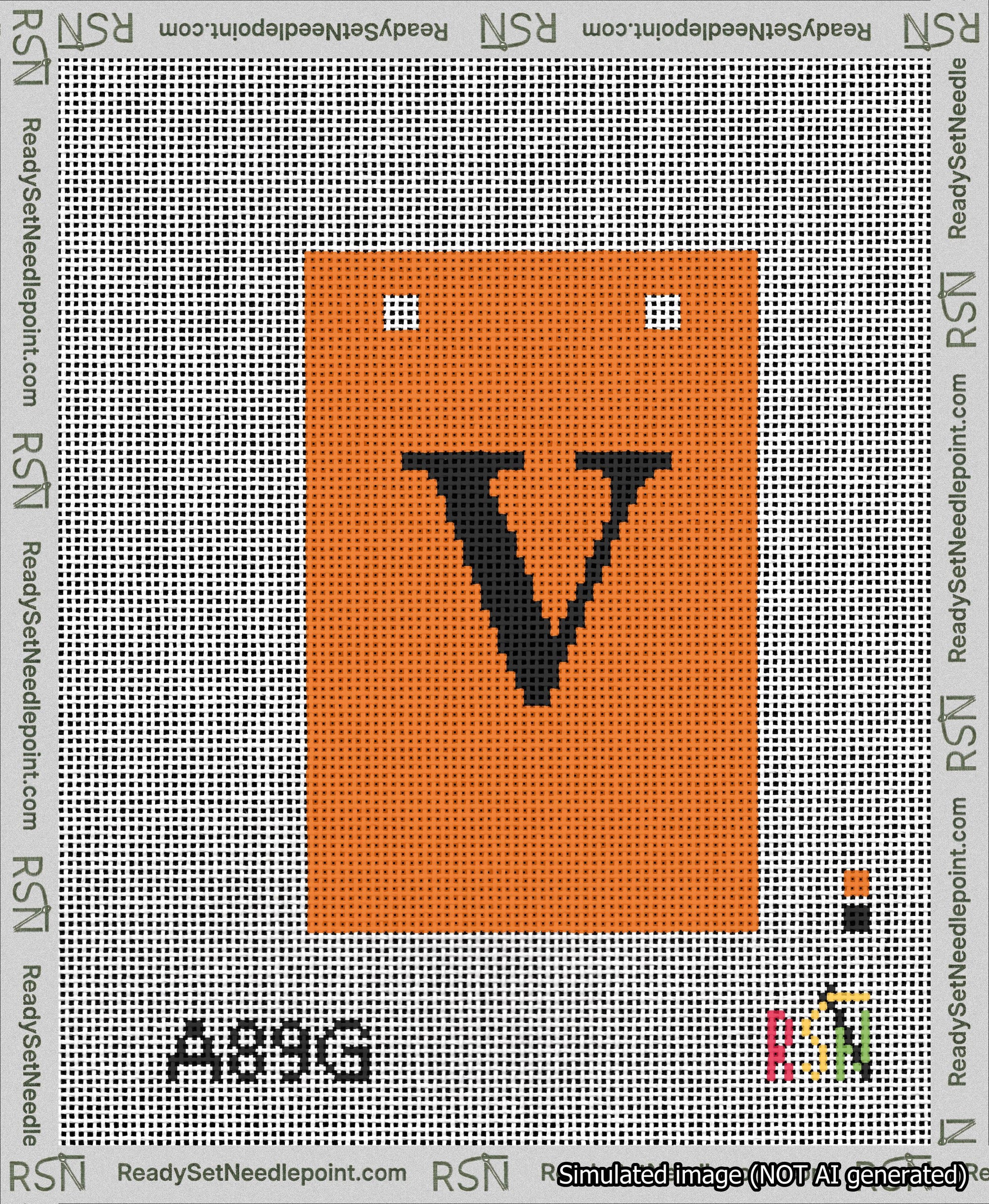 A taped needlepoint canvas with the design: Banner 13 mesh count Squared V Black on Orange.