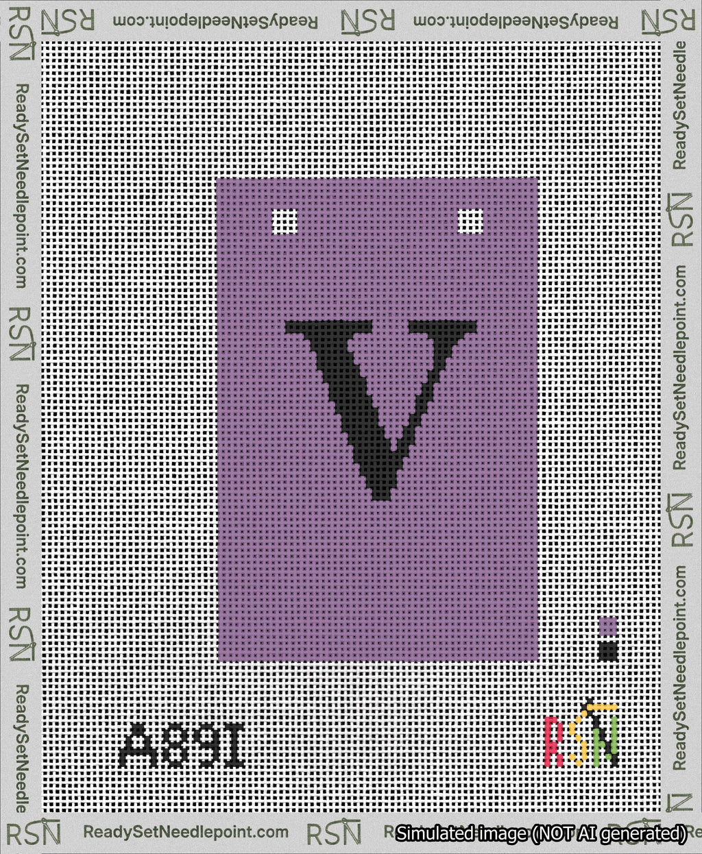 A taped needlepoint canvas with the design: Banner 13 mesh count Squared V Black on Purple.