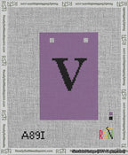 A taped needlepoint canvas with the design: Banner 13 mesh count Squared V Black on Purple.
