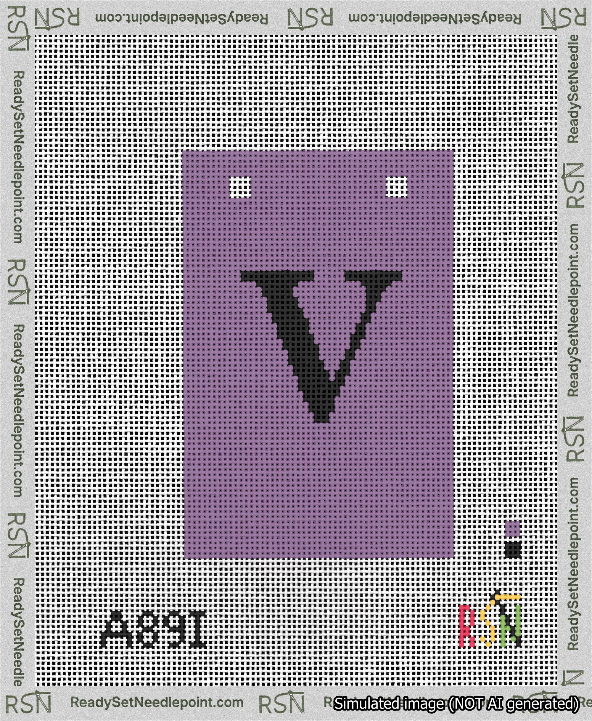 A taped needlepoint canvas with the design: Banner 13 mesh count Squared V Black on Purple.