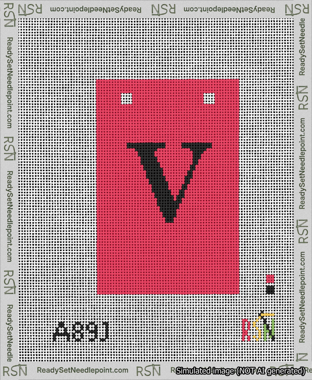 A taped needlepoint canvas with the design: Banner 13 mesh count Squared V Black on Red.