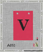 A taped needlepoint canvas with the design: Banner 13 mesh count Squared V Black on Red.