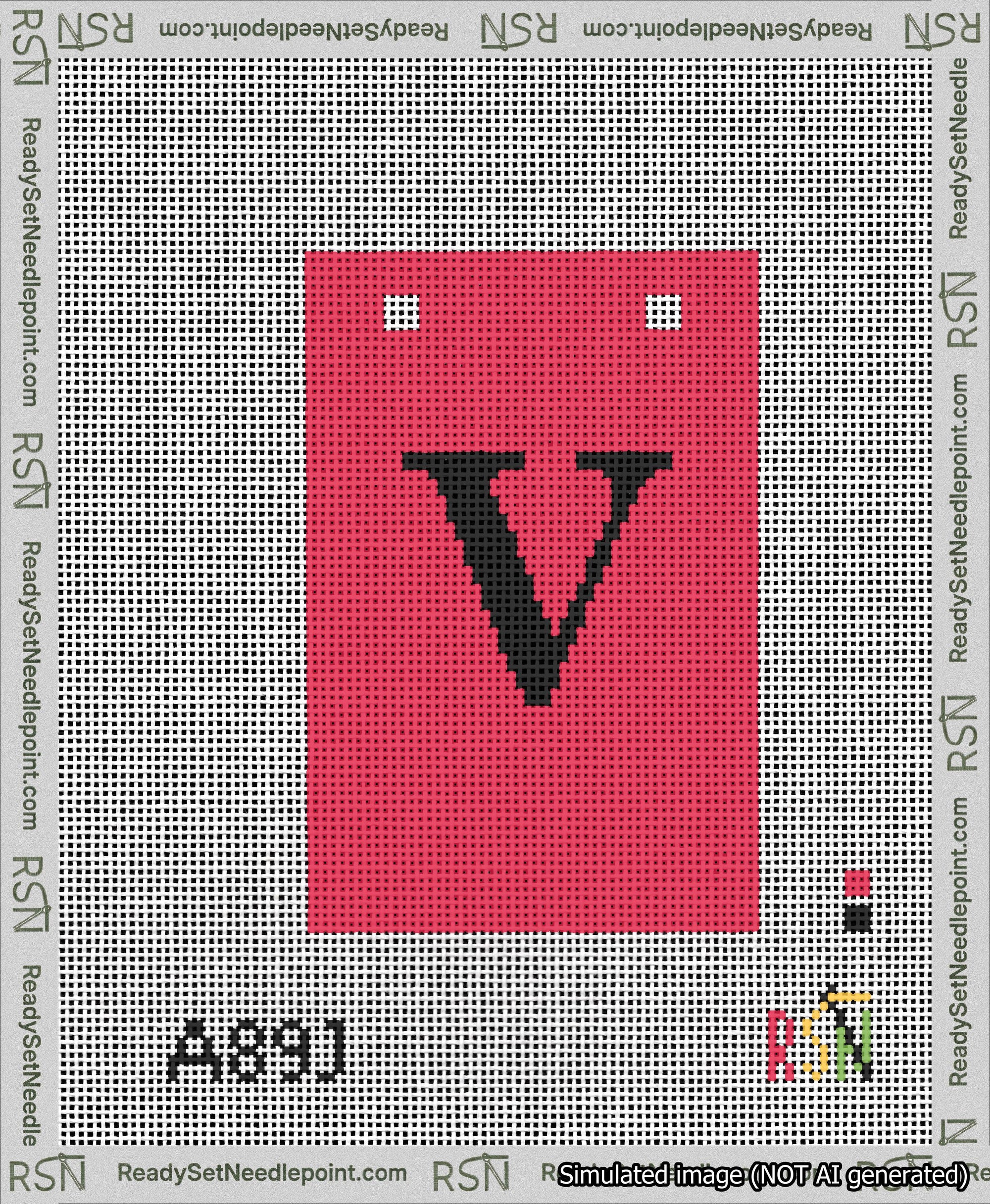 A taped needlepoint canvas with the design: Banner 13 mesh count Squared V Black on Red.