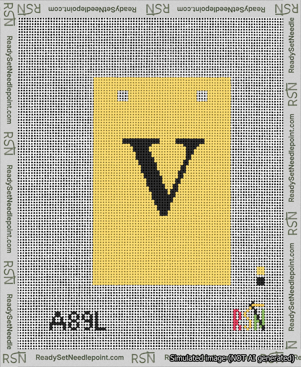 A taped needlepoint canvas with the design: Banner 13 mesh count Squared V Black on Yellow.