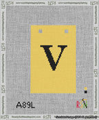 A taped needlepoint canvas with the design: Banner 13 mesh count Squared V Black on Yellow.