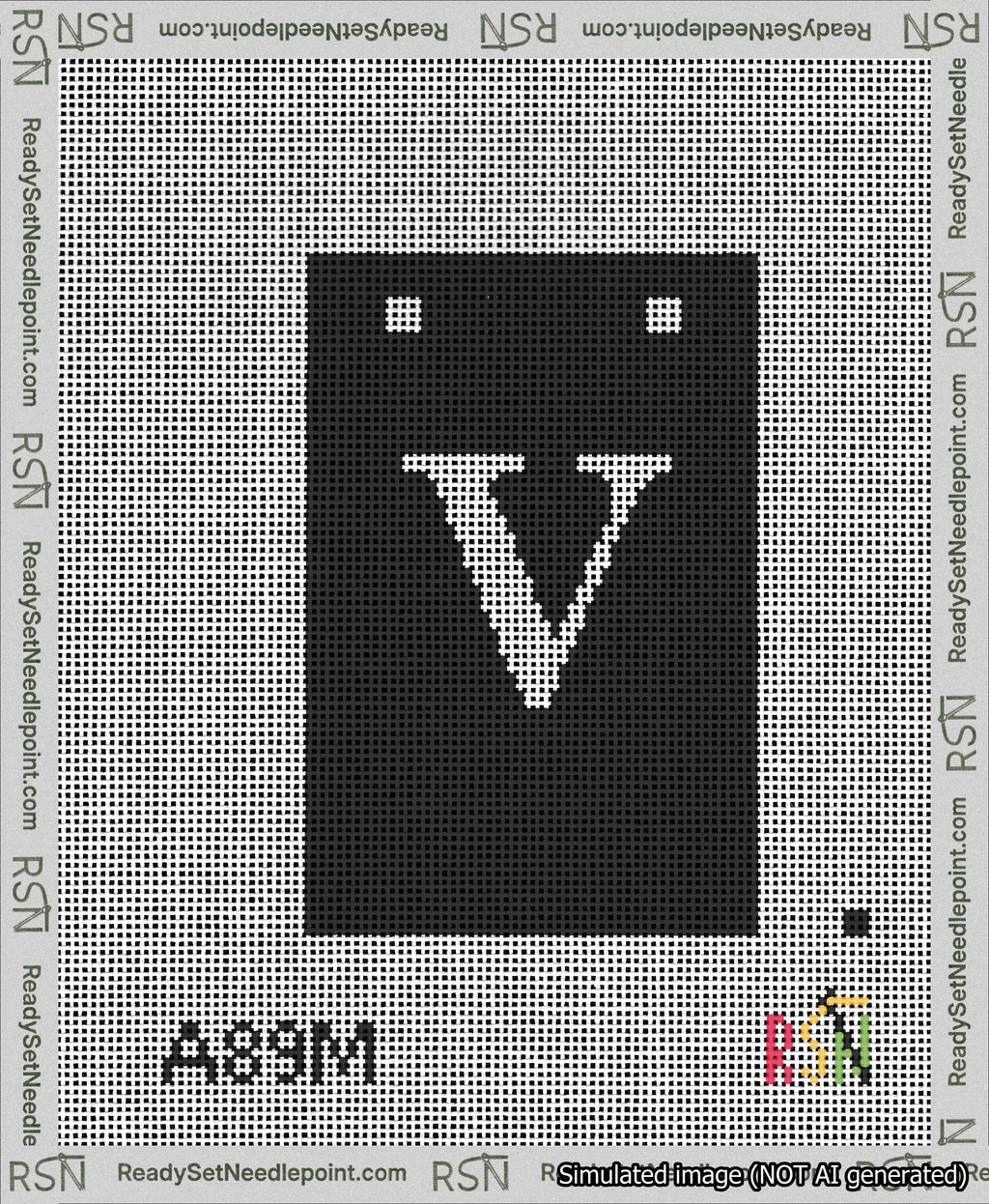 A taped needlepoint canvas with the design: Banner 13 mesh count Squared V White on Black.