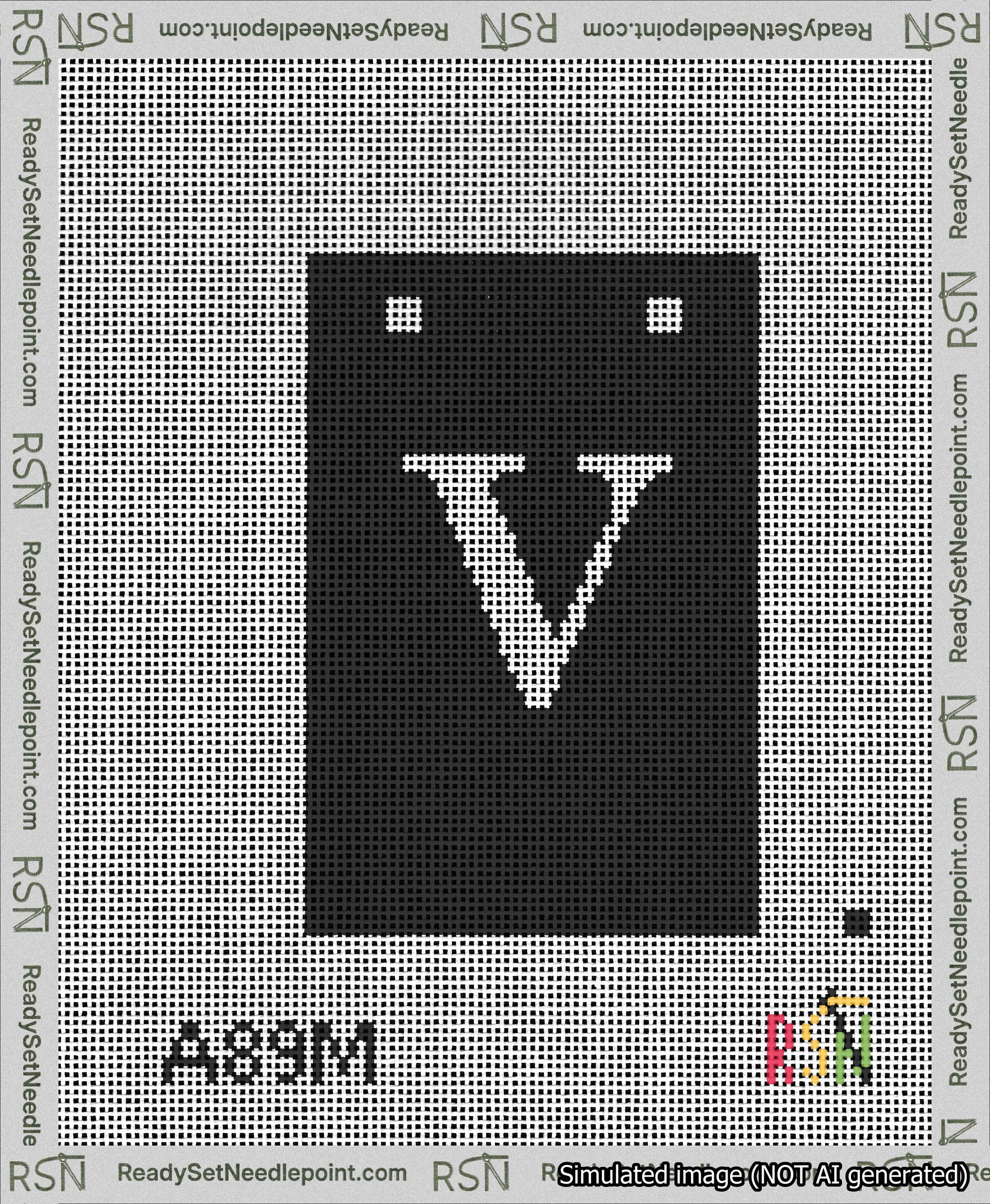 A taped needlepoint canvas with the design: Banner 13 mesh count Squared V White on Black.