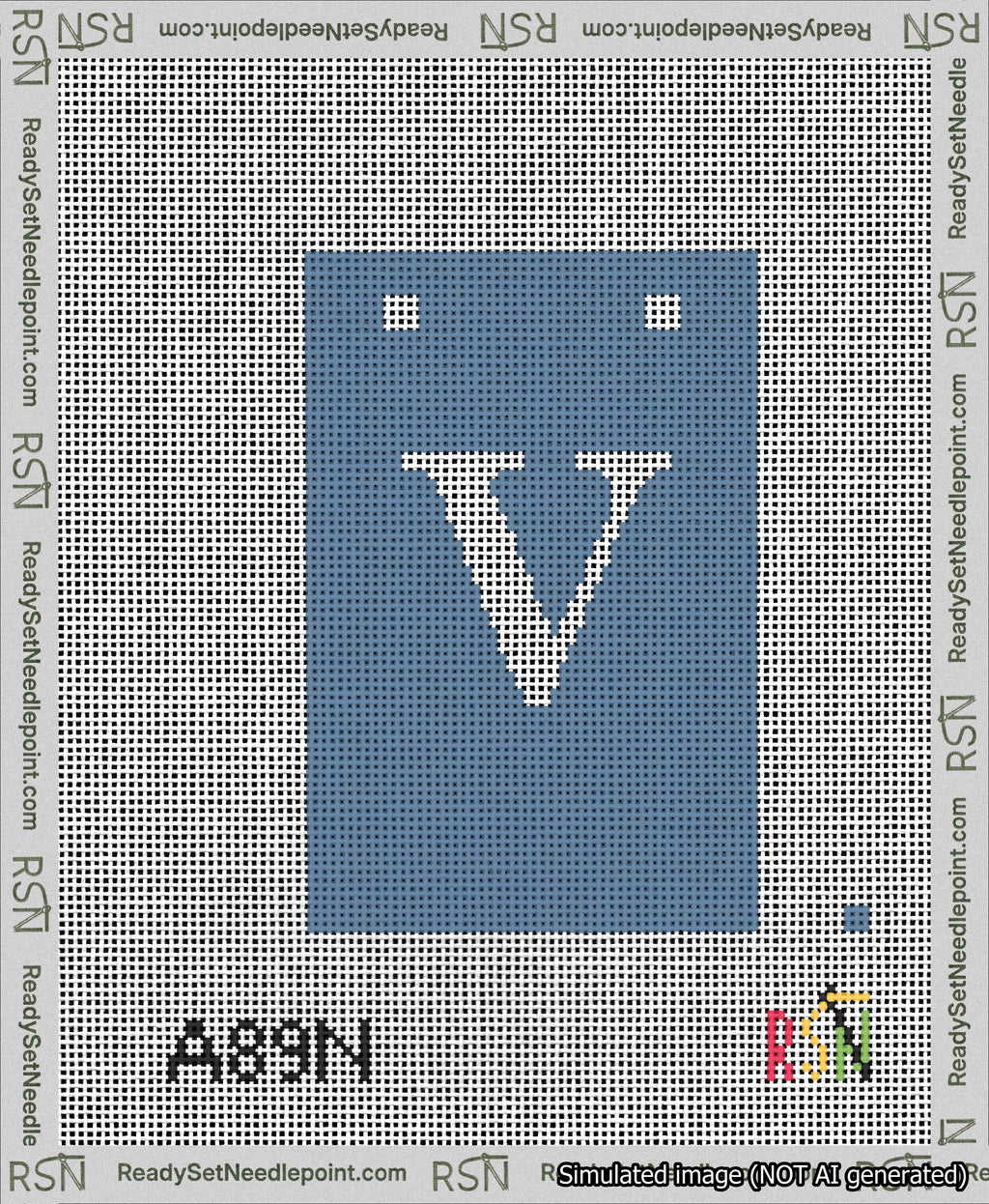 A taped needlepoint canvas with the design: Banner 13 mesh count Squared V White on Blue.