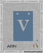 A taped needlepoint canvas with the design: Banner 13 mesh count Squared V White on Blue.
