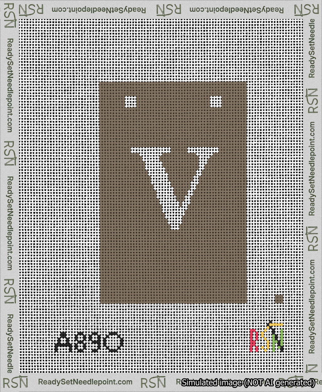 A taped needlepoint canvas with the design: Banner 13 mesh count Squared V White on Brown.
