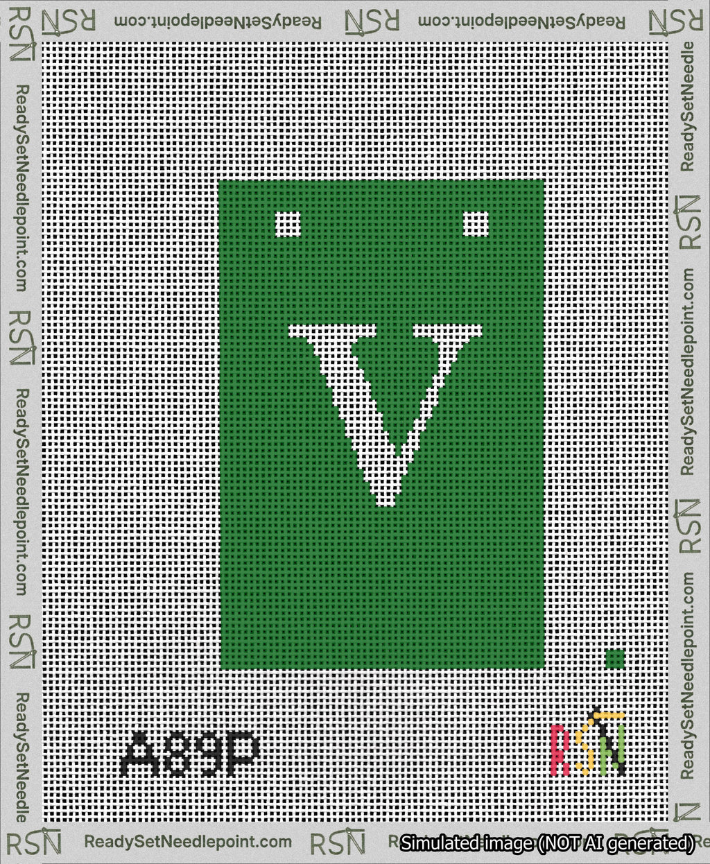A taped needlepoint canvas with the design: Banner 13 mesh count Squared V White on Green.