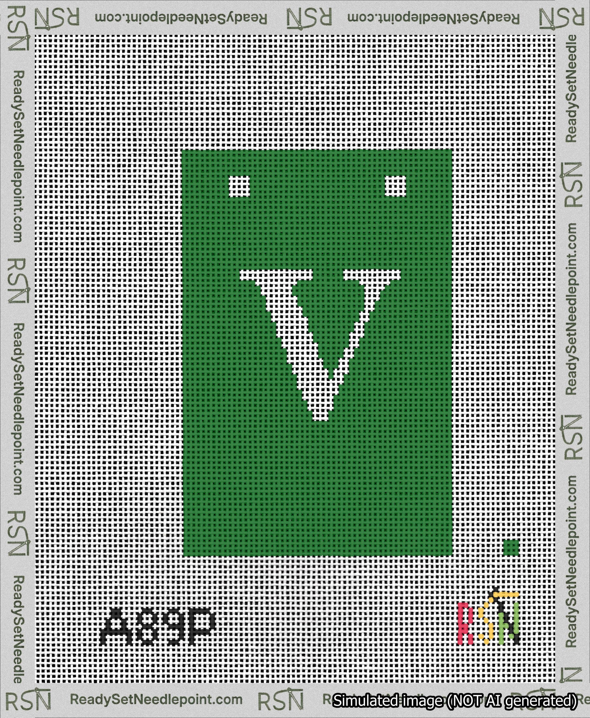 A taped needlepoint canvas with the design: Banner 13 mesh count Squared V White on Green.