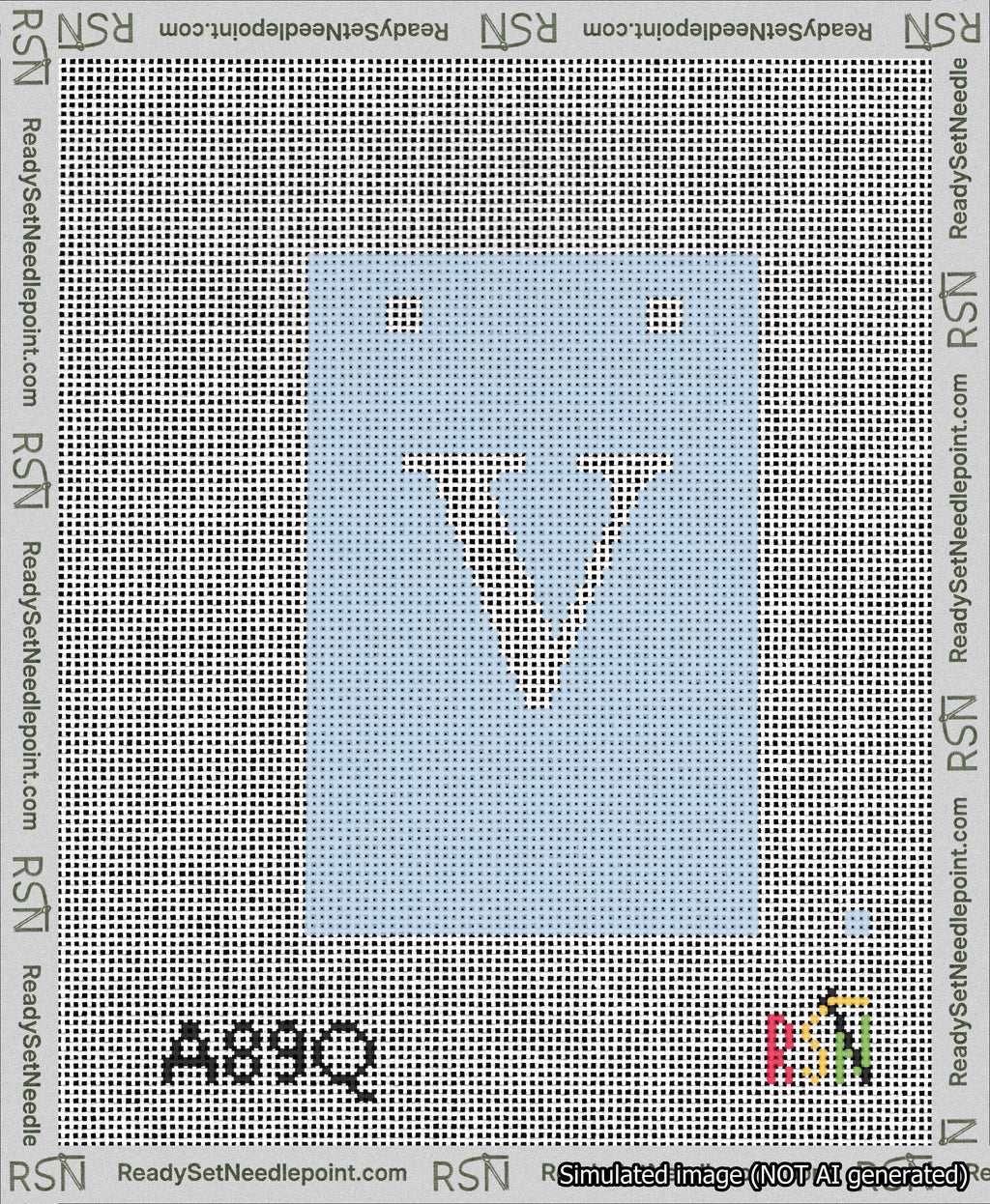 A taped needlepoint canvas with the design: Banner 13 mesh count Squared V White on Light Blue.