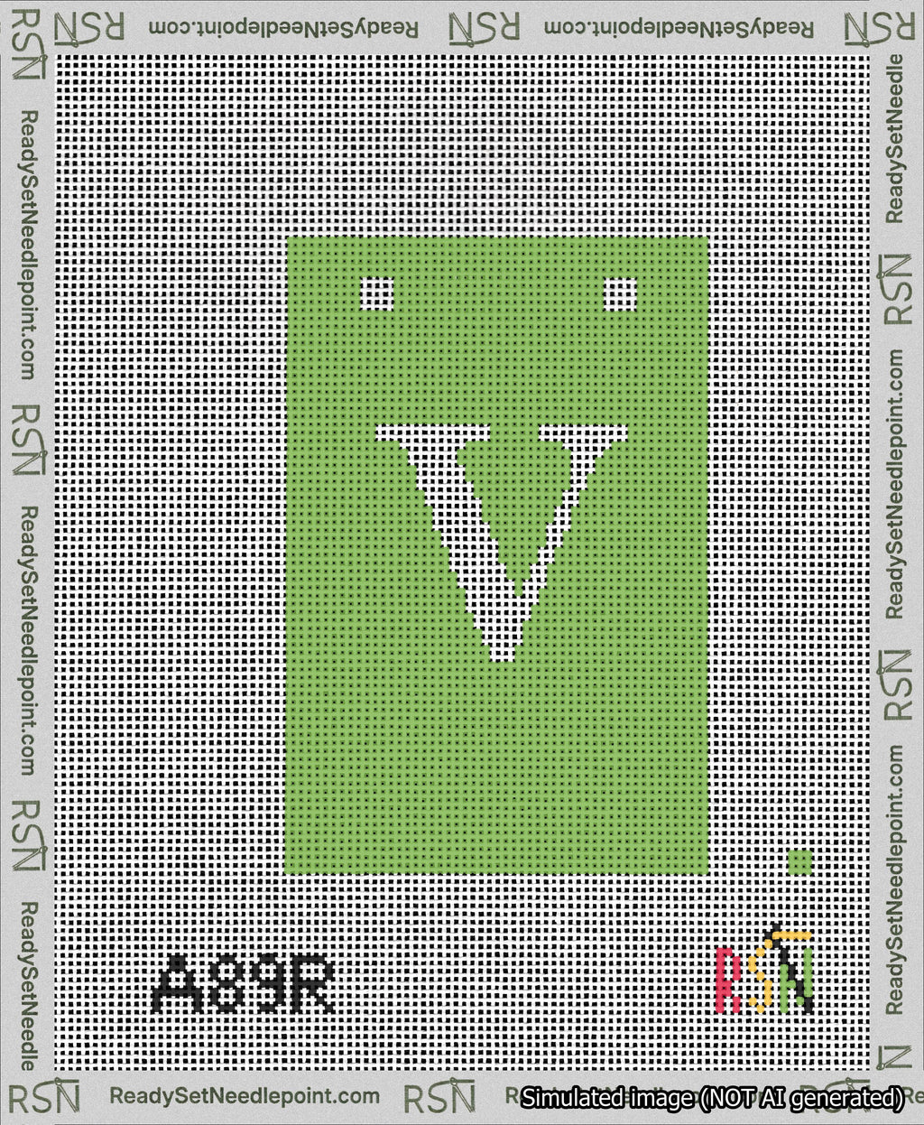 A taped needlepoint canvas with the design: Banner 13 mesh count Squared V White on Light Green.