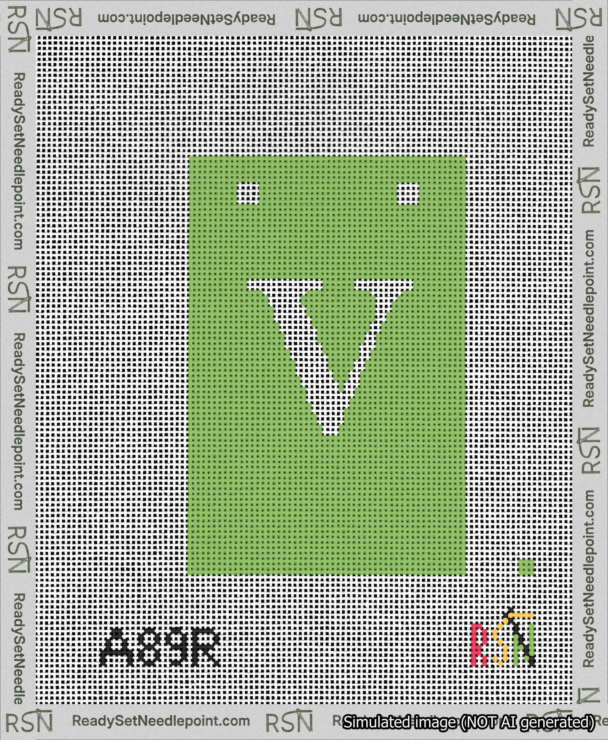 A taped needlepoint canvas with the design: Banner 13 mesh count Squared V White on Light Green.