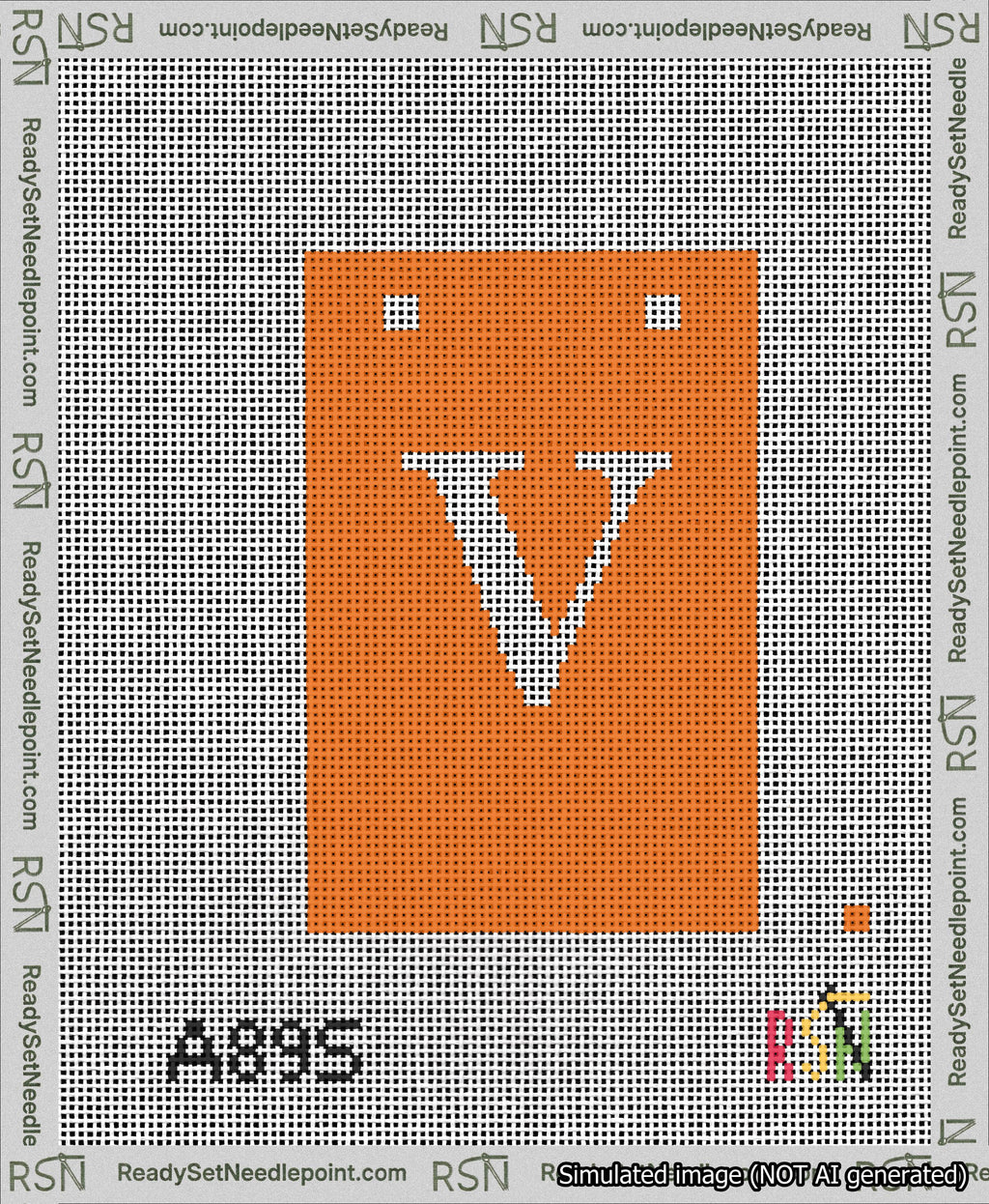 A taped needlepoint canvas with the design: Banner 13 mesh count Squared V White on Orange.