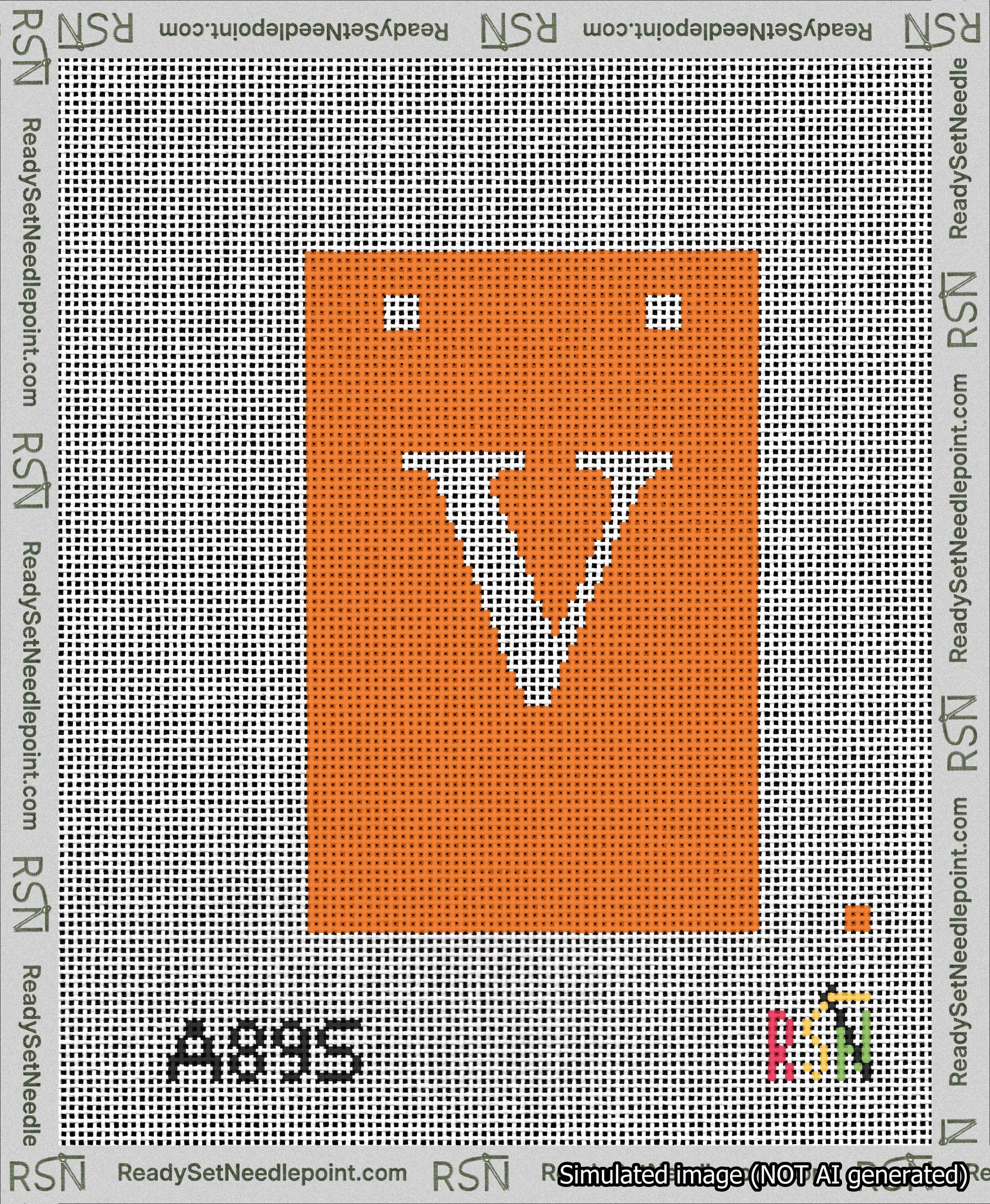 A taped needlepoint canvas with the design: Banner 13 mesh count Squared V White on Orange.