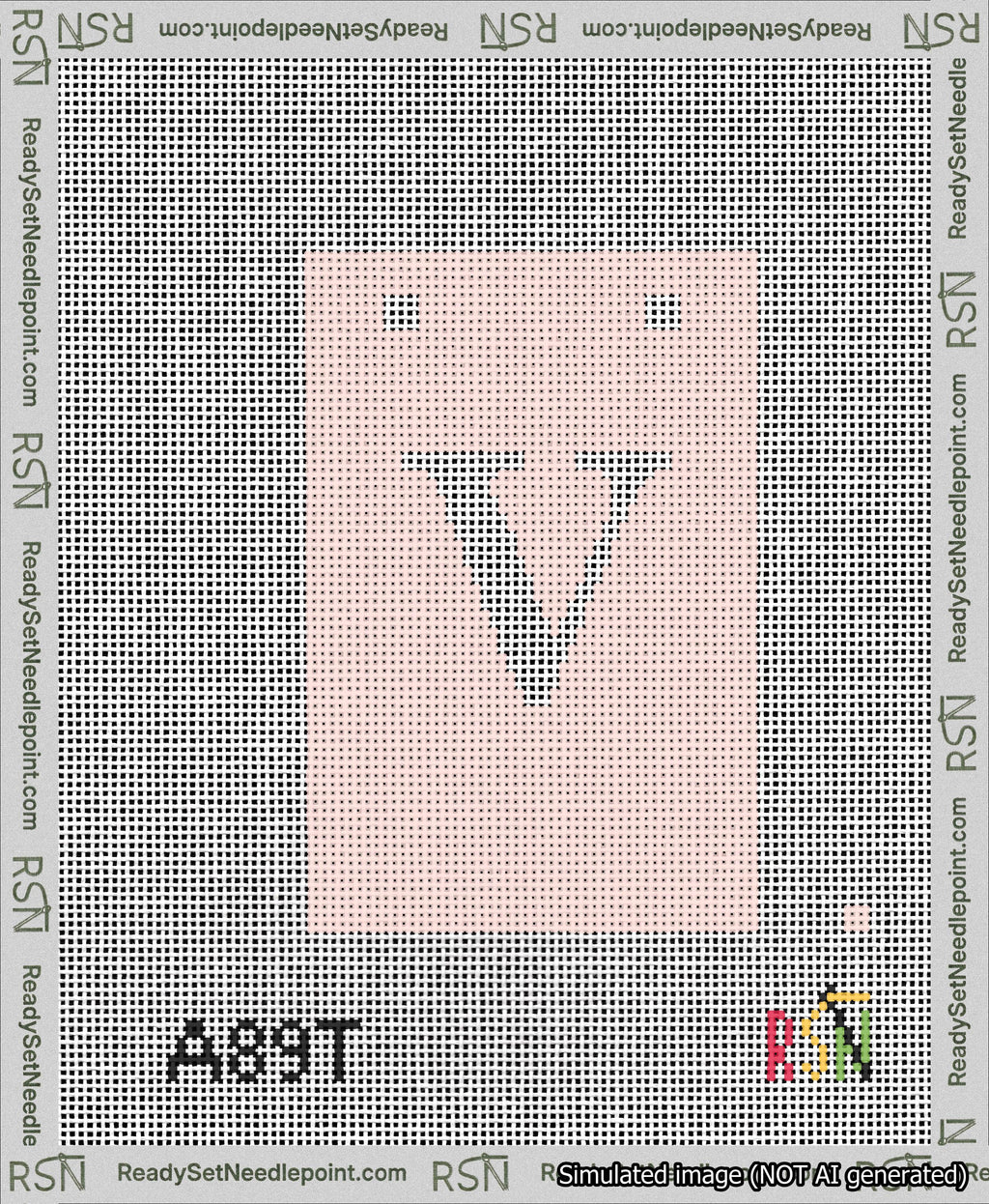 A taped needlepoint canvas with the design: Banner 13 mesh count Squared V White on Pink.