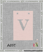 A taped needlepoint canvas with the design: Banner 13 mesh count Squared V White on Pink.