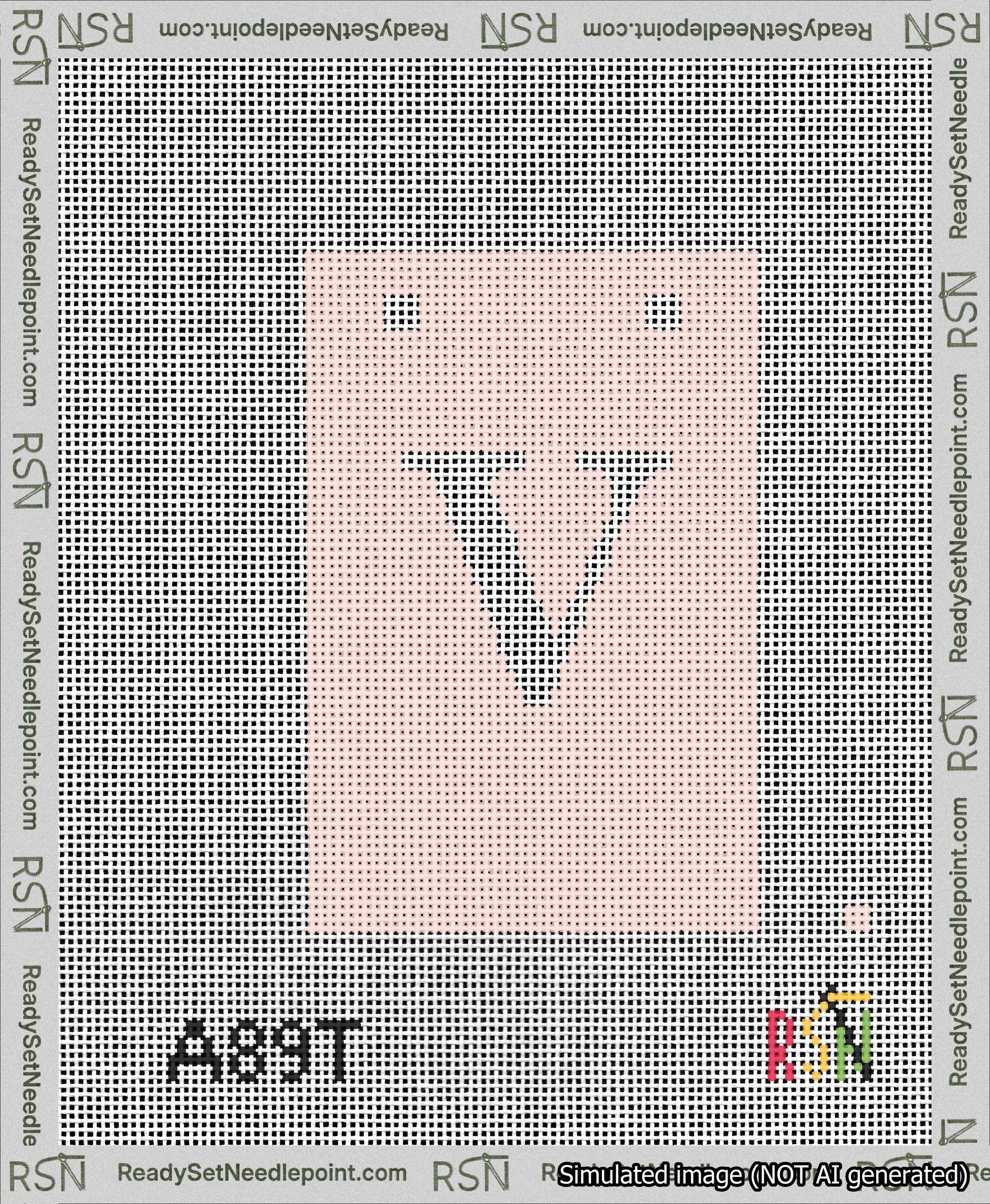 A taped needlepoint canvas with the design: Banner 13 mesh count Squared V White on Pink.