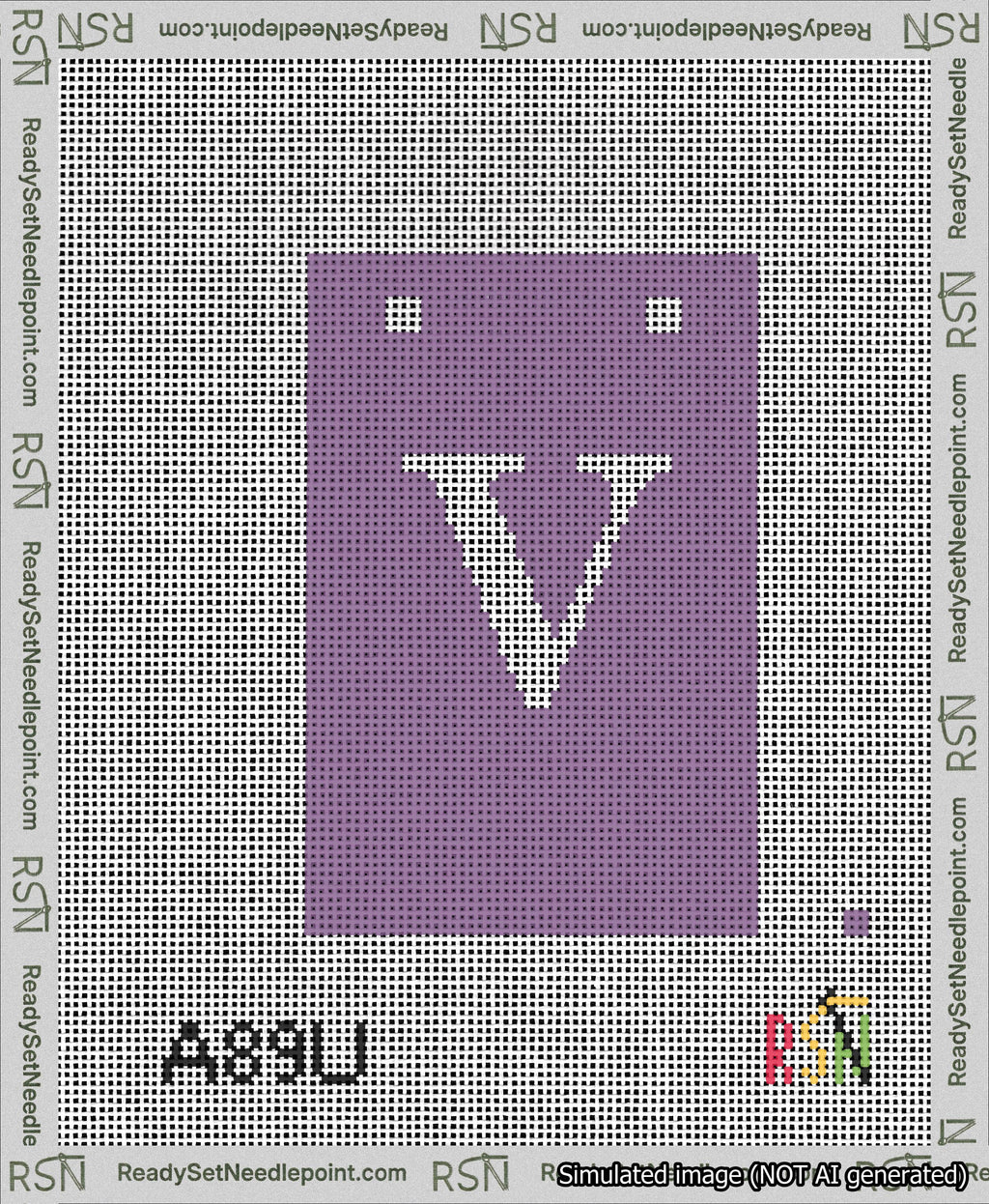 A taped needlepoint canvas with the design: Banner 13 mesh count Squared V White on Purple.