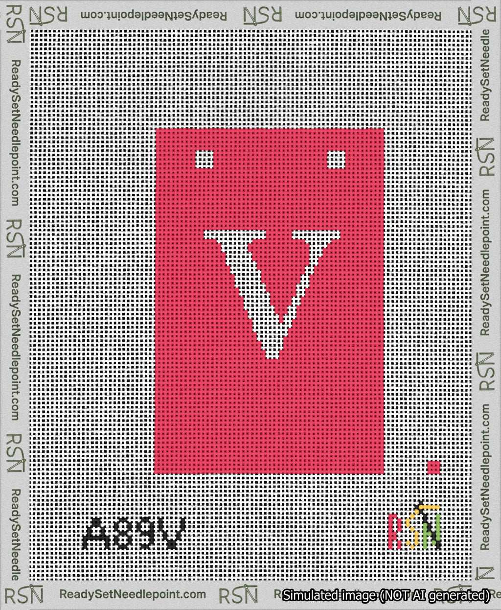 A taped needlepoint canvas with the design: Banner 13 mesh count Squared V White on Red.