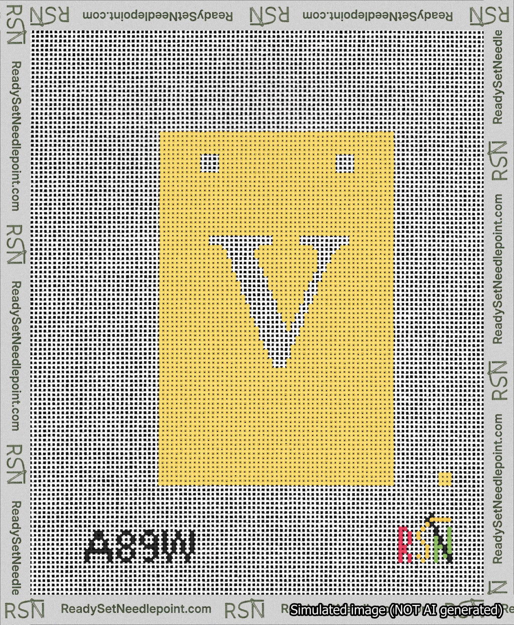 A taped needlepoint canvas with the design: Banner 13 mesh count Squared V White on Yellow.