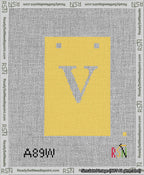 A taped needlepoint canvas with the design: Banner 13 mesh count Squared V White on Yellow.