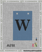 A taped needlepoint canvas with the design: Banner 13 mesh count Squared W Black on Blue.