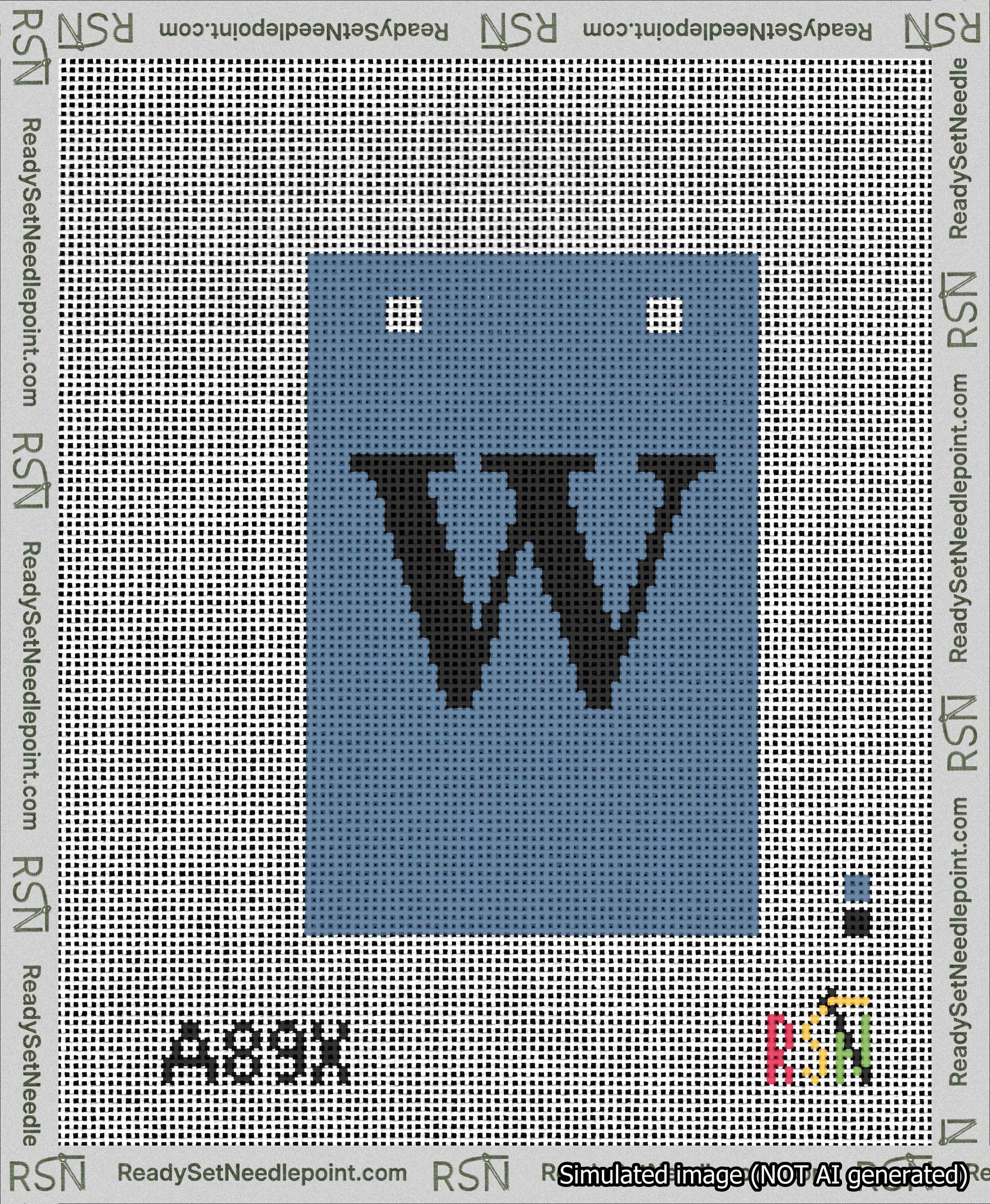 A taped needlepoint canvas with the design: Banner 13 mesh count Squared W Black on Blue.