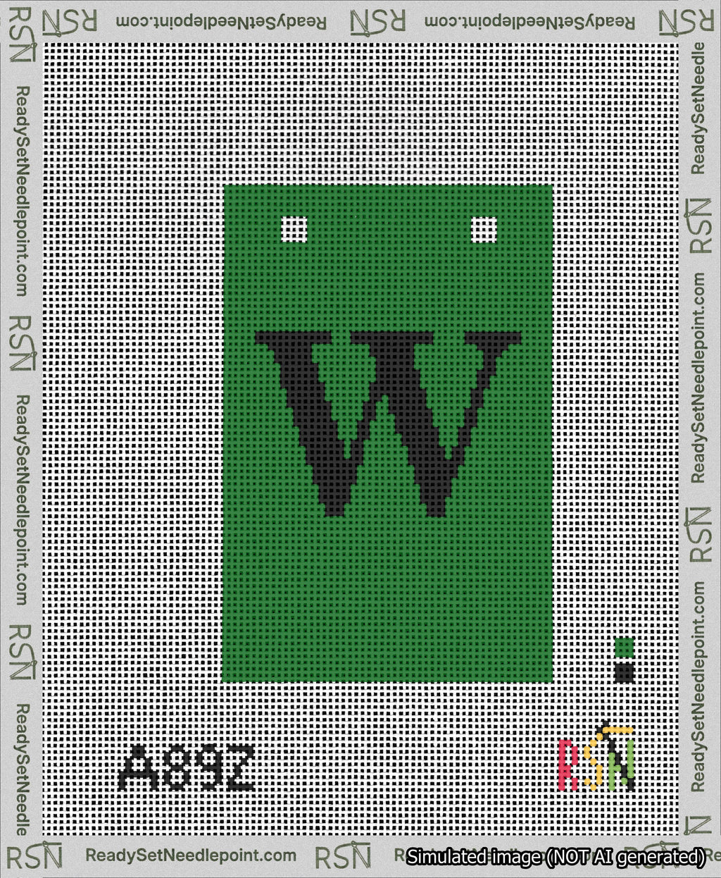 A taped needlepoint canvas with the design: Banner 13 mesh count Squared W Black on Green.