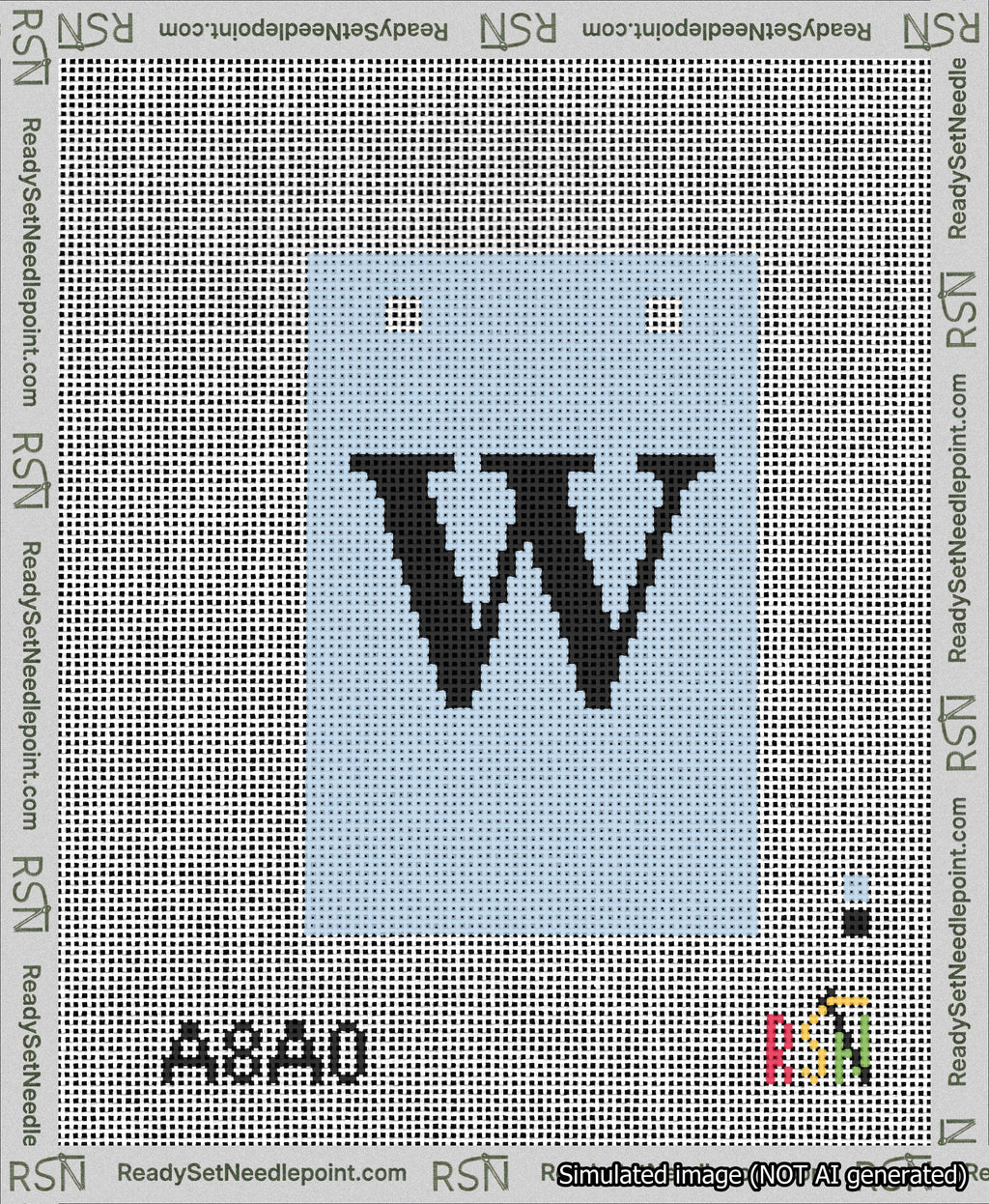 A taped needlepoint canvas with the design: Banner 13 mesh count Squared W Black on Light Blue.
