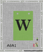 A taped needlepoint canvas with the design: Banner 13 mesh count Squared W Black on Light Green.