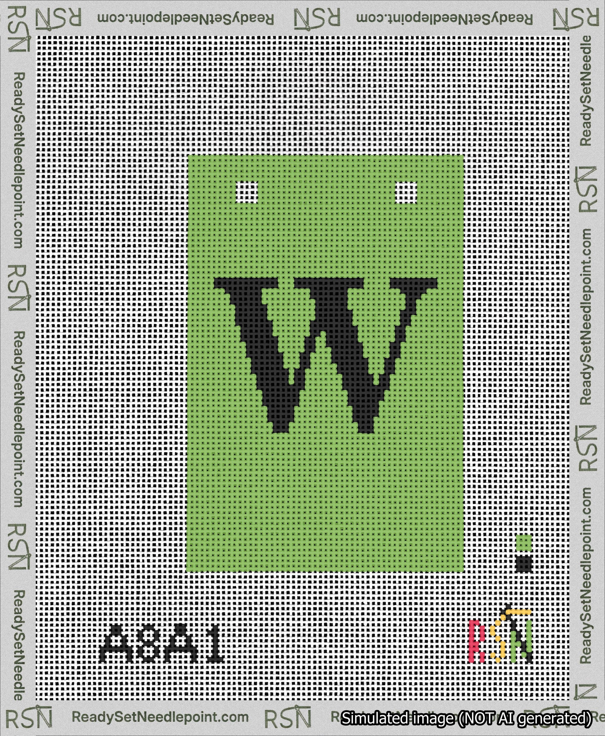 A taped needlepoint canvas with the design: Banner 13 mesh count Squared W Black on Light Green.