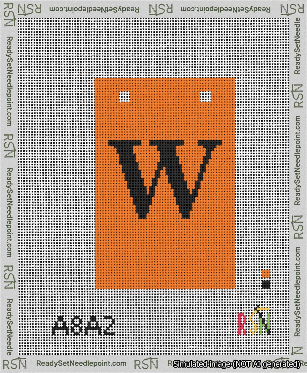 A taped needlepoint canvas with the design: Banner 13 mesh count Squared W Black on Orange.
