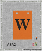 A taped needlepoint canvas with the design: Banner 13 mesh count Squared W Black on Orange.