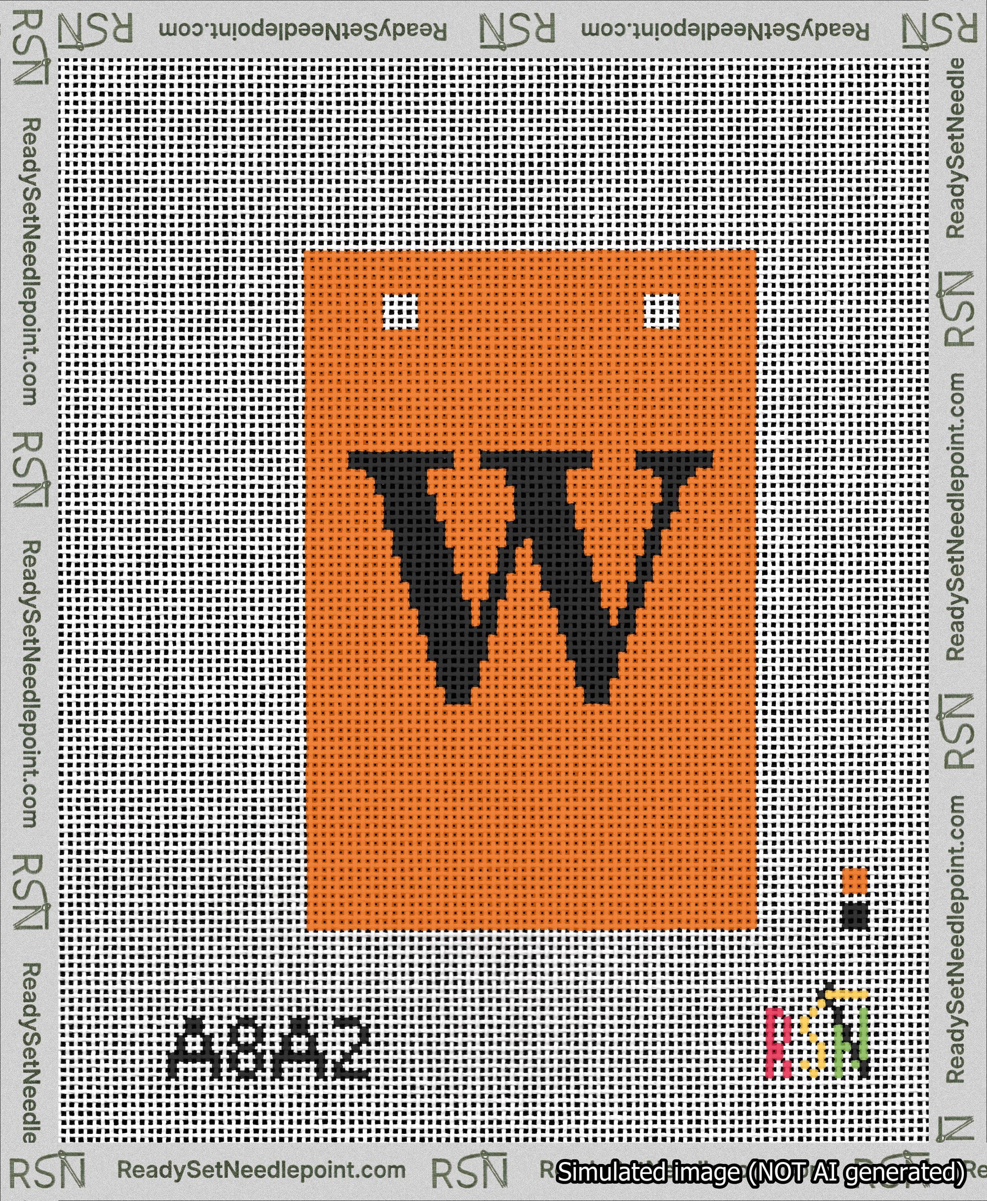 A taped needlepoint canvas with the design: Banner 13 mesh count Squared W Black on Orange.