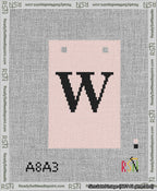 A taped needlepoint canvas with the design: Banner 13 mesh count Squared W Black on Pink.