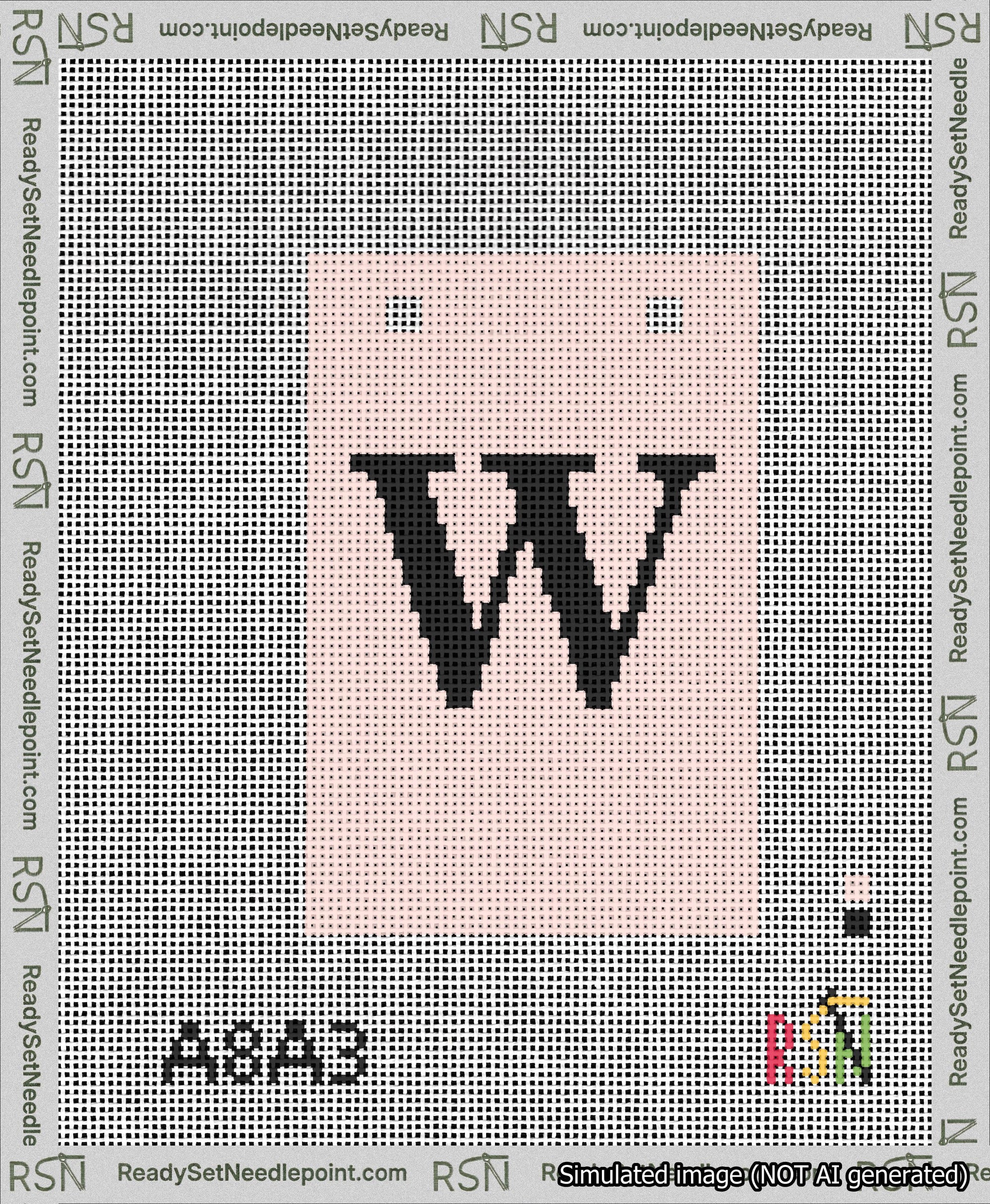A taped needlepoint canvas with the design: Banner 13 mesh count Squared W Black on Pink.