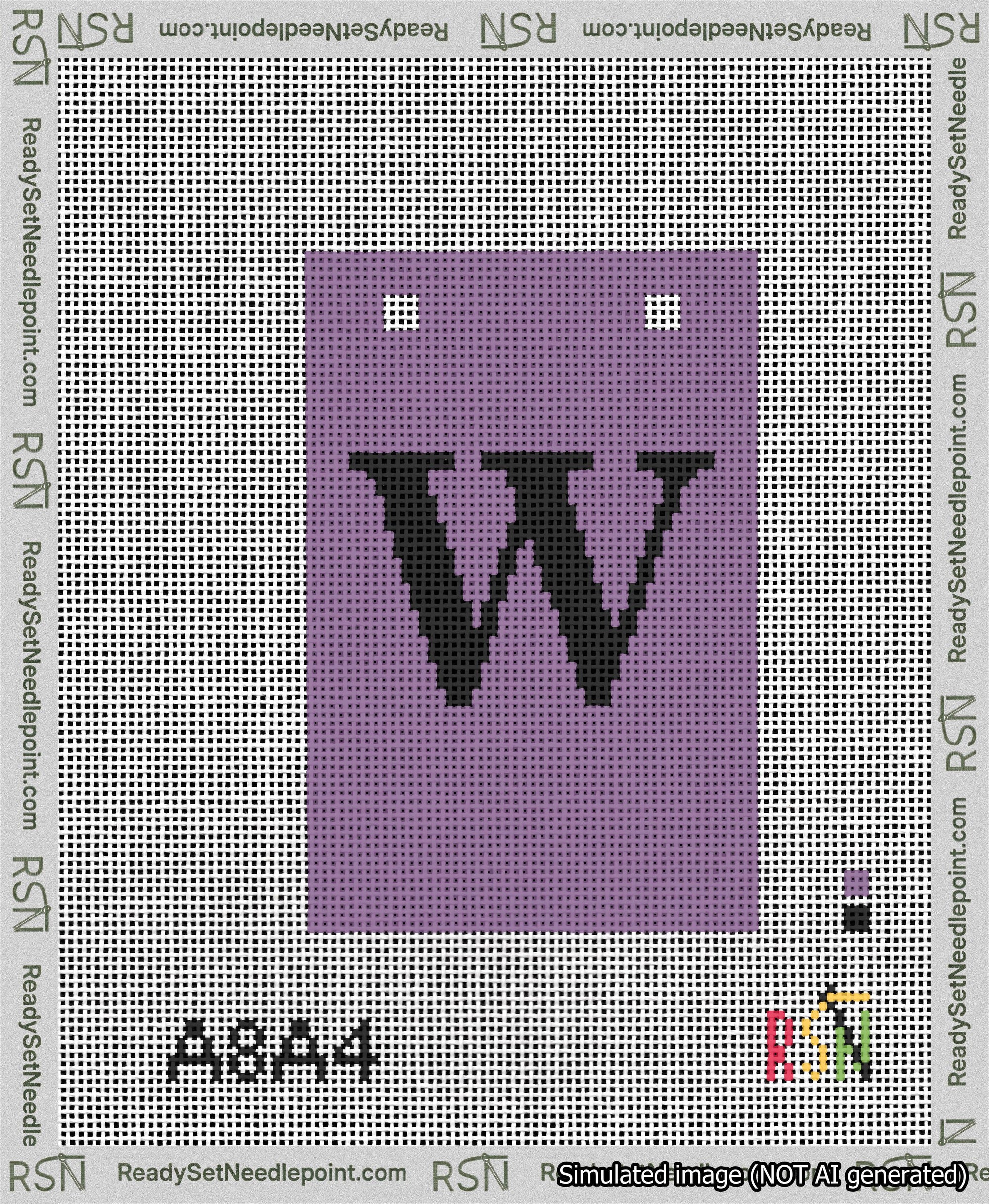 A taped needlepoint canvas with the design: Banner 13 mesh count Squared W Black on Purple.