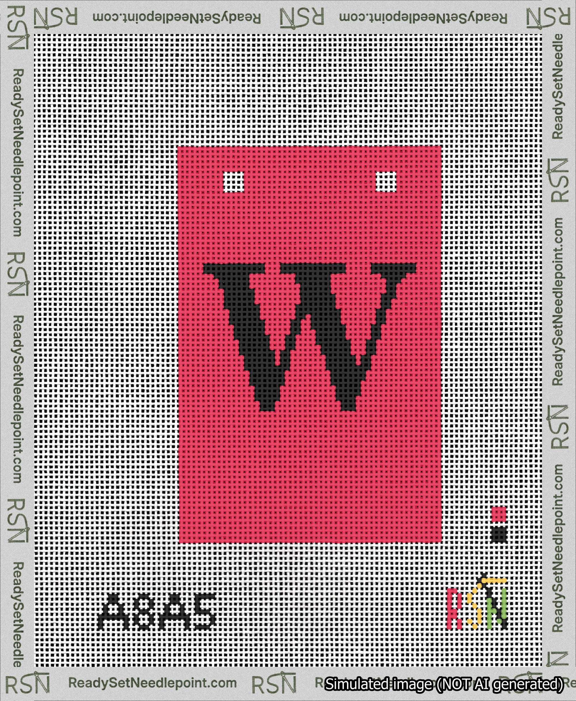 A taped needlepoint canvas with the design: Banner 13 mesh count Squared W Black on Red.
