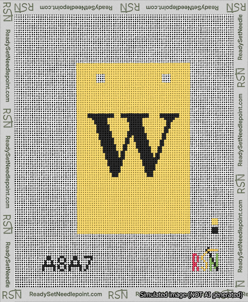 A taped needlepoint canvas with the design: Banner 13 mesh count Squared W Black on Yellow.