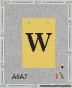 A taped needlepoint canvas with the design: Banner 13 mesh count Squared W Black on Yellow.