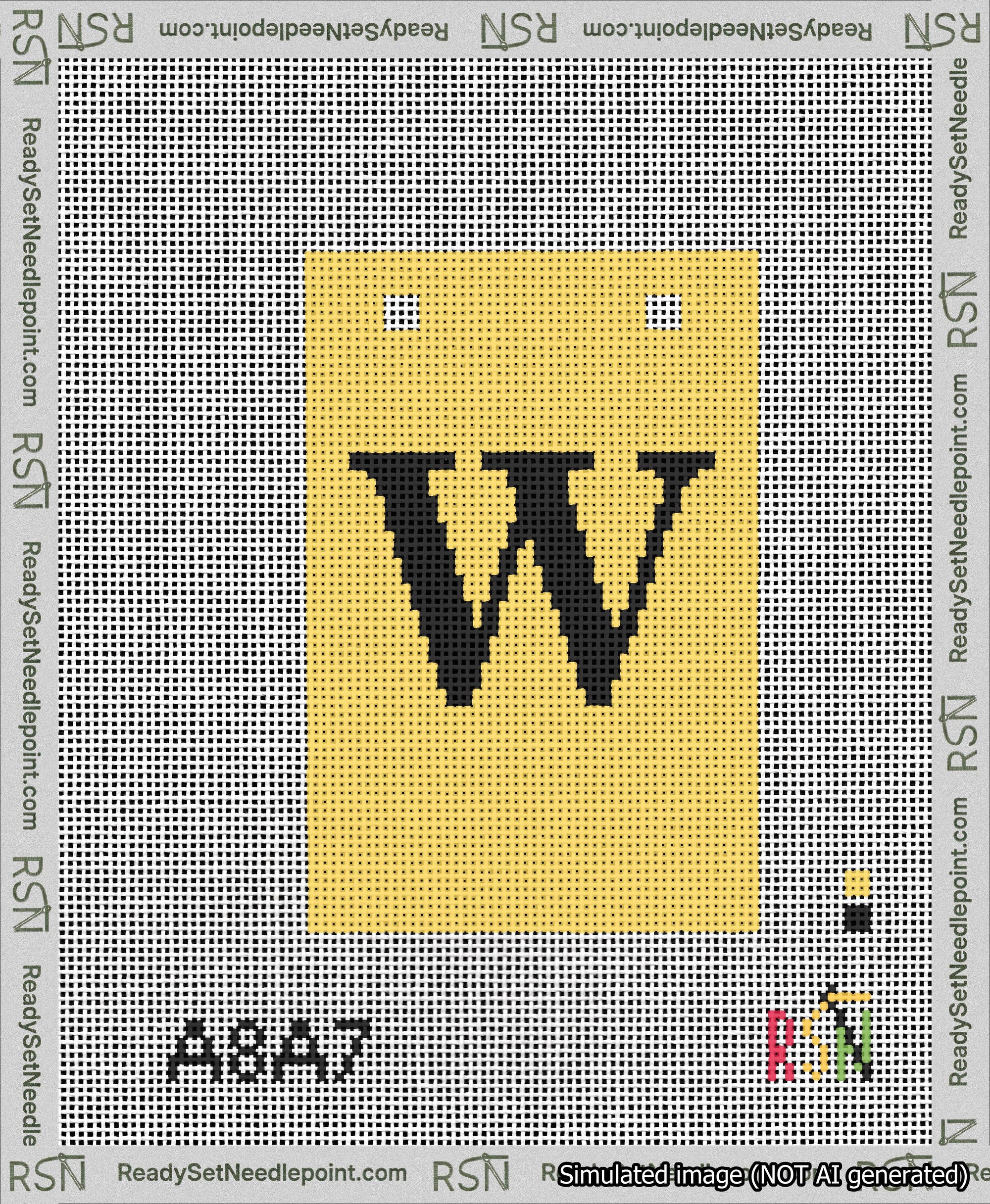 A taped needlepoint canvas with the design: Banner 13 mesh count Squared W Black on Yellow.
