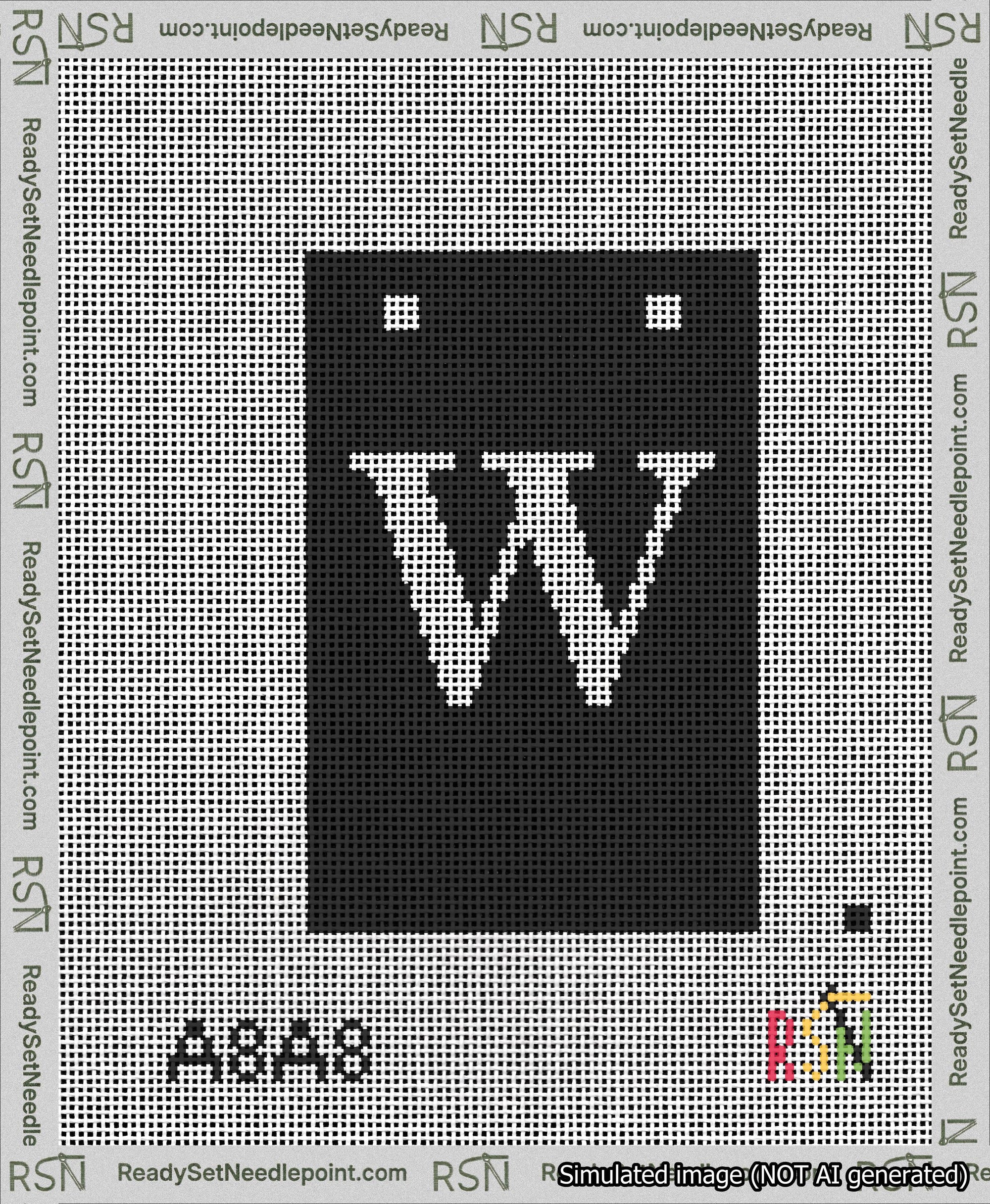 A taped needlepoint canvas with the design: Banner 13 mesh count Squared W White on Black.