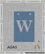 A taped needlepoint canvas with the design: Banner 13 mesh count Squared W White on Blue.