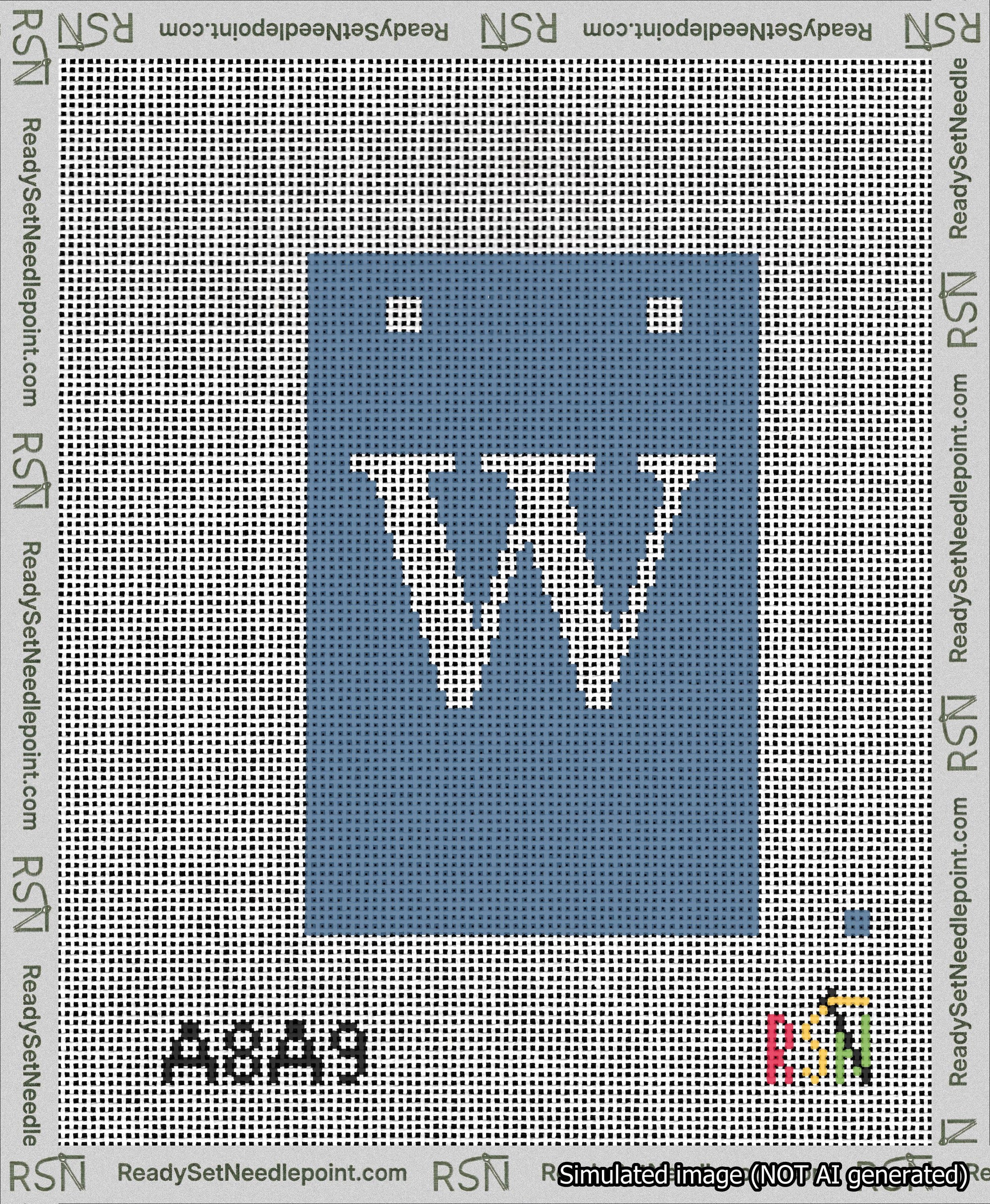 A taped needlepoint canvas with the design: Banner 13 mesh count Squared W White on Blue.
