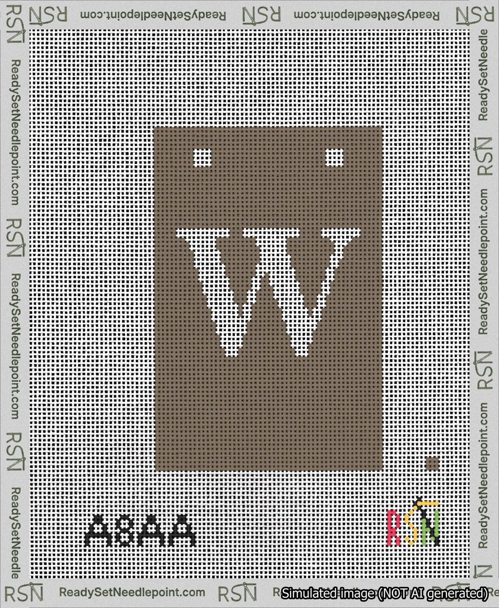 A taped needlepoint canvas with the design: Banner 13 mesh count Squared W White on Brown.
