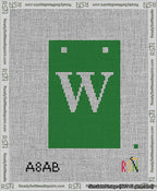 A taped needlepoint canvas with the design: Banner 13 mesh count Squared W White on Green.